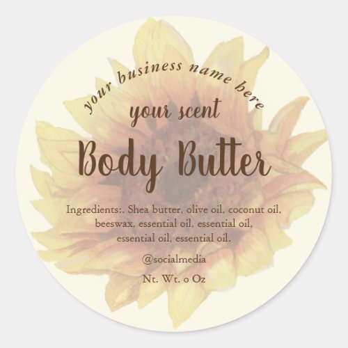 Watercolor yellow sunflower body butter classic round sticker