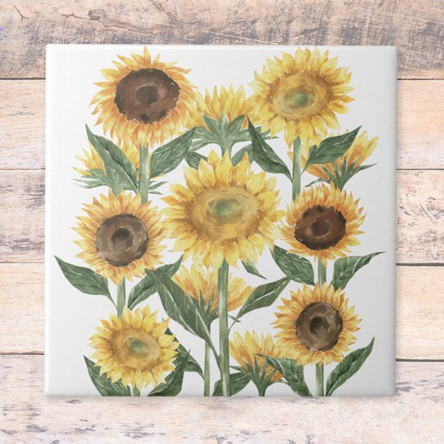 Watercolor Yellow Sunflower Floral Ceramic Tile (Close up)