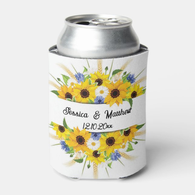 Watercolor yellow sunflower floral nature Weddings Can Cooler (Can Front)