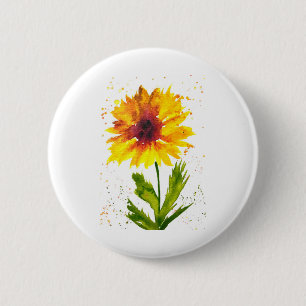 Watercolor yellow sunflower flower chic rustic button