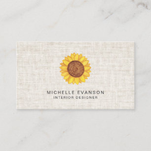 Watercolor Yellow Sunflower Logo on Rustic Linen Business Card
