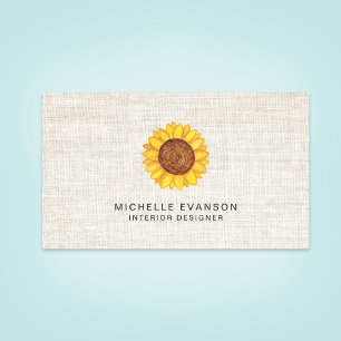 Watercolor Yellow Sunflower Logo on Rustic Linen Business Card