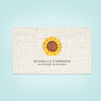 Watercolor Yellow Sunflower Logo on Rustic Linen Business Card
