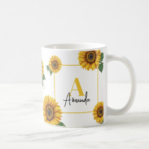 Watercolor Yellow Sunflower Monogram Mom Coffee Mug