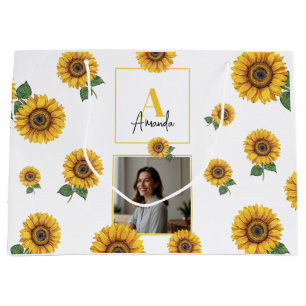 Watercolor Yellow Sunflower Monogram Mom Large Gift Bag