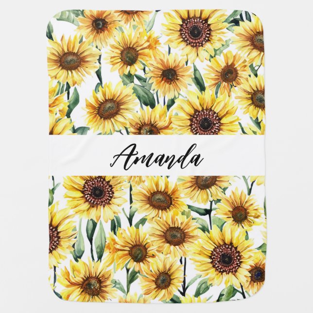 Watercolor Yellow Sunflower Rustic Baby Blanket (Front)