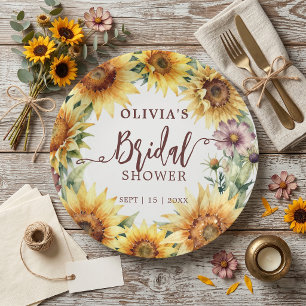 Watercolor Yellow Sunflower Rustic Bridal Shower Paper Plates
