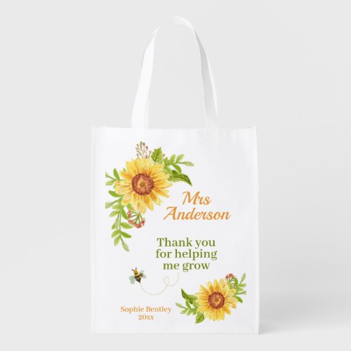 Watercolor Yellow Sunflower Teacher Appreciation  Grocery Bag