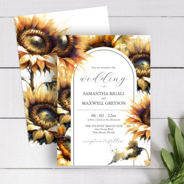 Watercolor Yellow Sunflower Wedding Invitations (Wedding invitations feature watercolor sunflowers in summer shades of yellow on Do Tell A Belle)