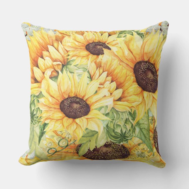 Watercolor Yellow Sunflowers and Greenery Throw Pillow (Front)