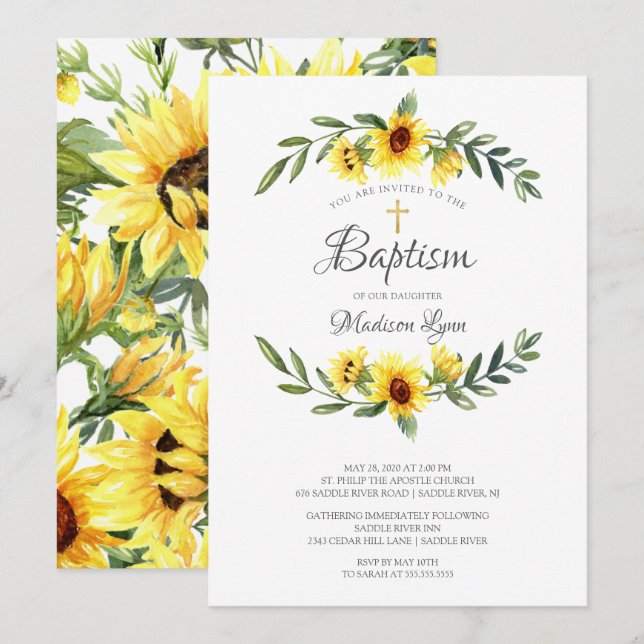 Watercolor Yellow Sunflowers Baptism Invitation (Front/Back)