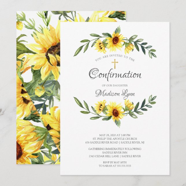 Watercolor Yellow Sunflowers Confirmation Invitation (Front/Back)
