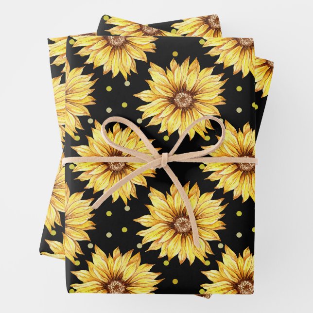 Watercolor Yellow Sunflowers Floral Black Wrapping Paper Sheets (In situ)