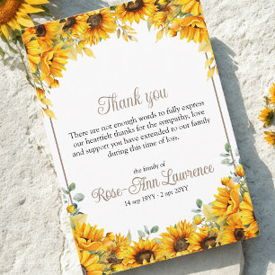 Watercolor Yellow Sunflowers Frame Funeral Thank You Card