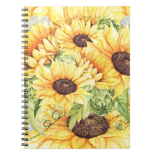Watercolor Yellow Sunflowers Greenery Notebook (Front)