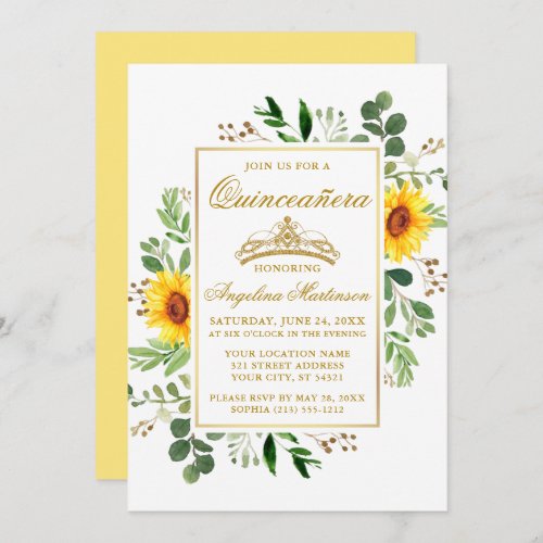 Watercolor Yellow Sunflowers Greenery Quinceanera Invitation