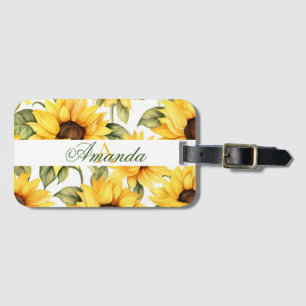 Watercolor Yellow Sunflowers Leaves Monogram Luggage Tag