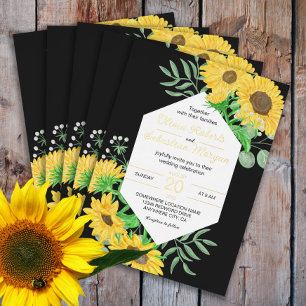 Watercolor yellow sunflowers on black wedding gold foil invitation