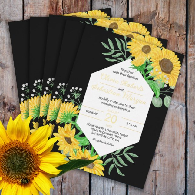Watercolor yellow sunflowers on black wedding gold foil invitation (Creator Uploaded)