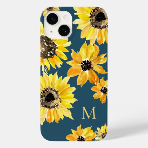 Watercolor yellow sunflowers on blue Monogram Case_Mate iPhone 14 Case
