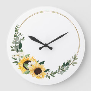Watercolor Yellow Sunflowers & Wildflowers Wreath Large Clock