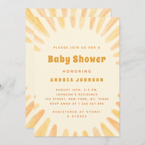 Watercolor Yellow Sunshine Neutral Sun Baby Shower Invitation