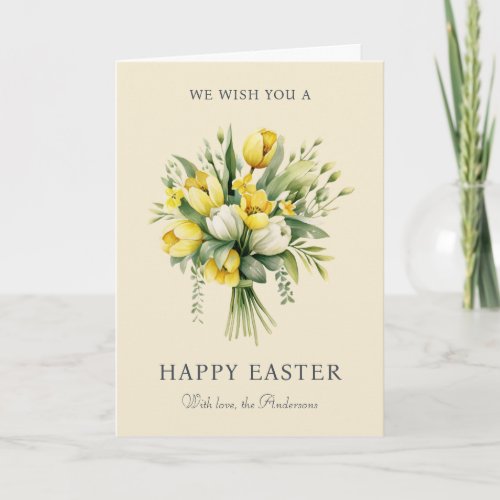 Watercolor Yellow Tulips Floral Happy Easter Holiday Card