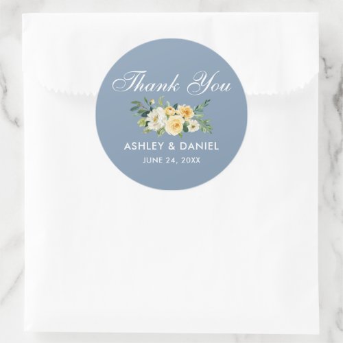 Watercolor Yellow White Floral Dusty Blue Wedding  Classic Round Sticker