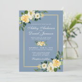 Watercolor Yellow White Floral Dusty Blue Wedding Invitation (Standing Front)