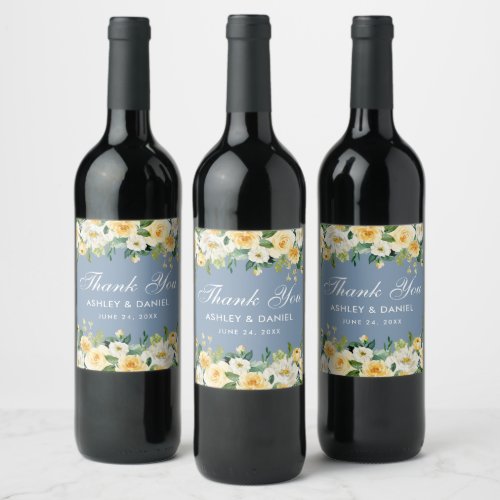 Watercolor Yellow White Floral Dusty Blue Wedding Wine Label