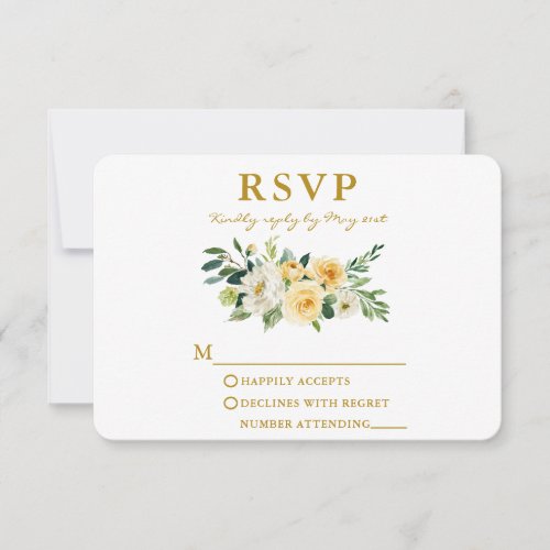 Watercolor Yellow White Floral Elegant Gold RSVP Card