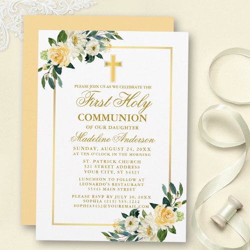 Watercolor Yellow White Floral First Communion Invitation
