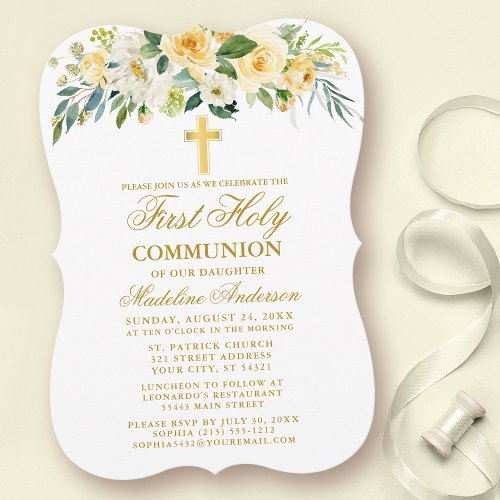 Watercolor Yellow White Floral First Communion Invitation
