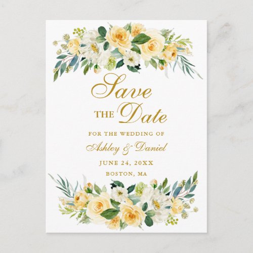 Watercolor Yellow White Floral Gold Save the Date Announcement Postcard