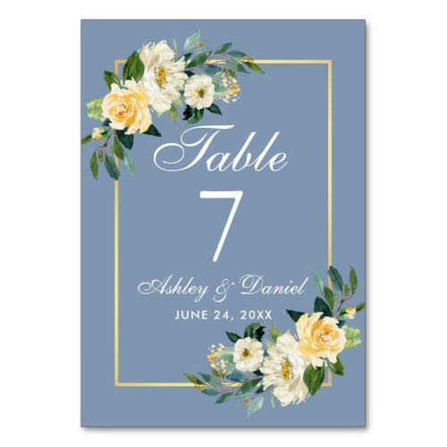 Watercolor Yellow White Floral Gold Wedding Table Number