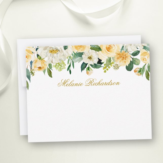 Watercolor Yellow White Floral Personalized Gold Note Card (Customize to change text color,  text style or to add more text to back of card.)