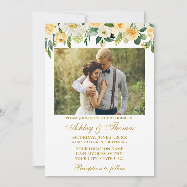 Watercolor Yellow White Floral Photo Wedding Gold Invitation (Front)