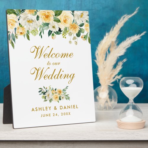 Watercolor Yellow White Floral Wedding Welcome Plaque