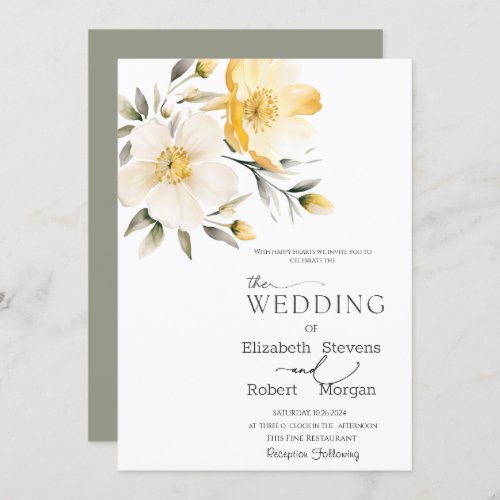 Watercolor Yellow White Flowers Wedding Invitation
