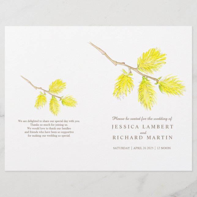 Watercolor yellow willow catkins wedding programme (Front)