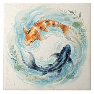 Watercolor Yin Yang Koi Fish Ceramic Tile