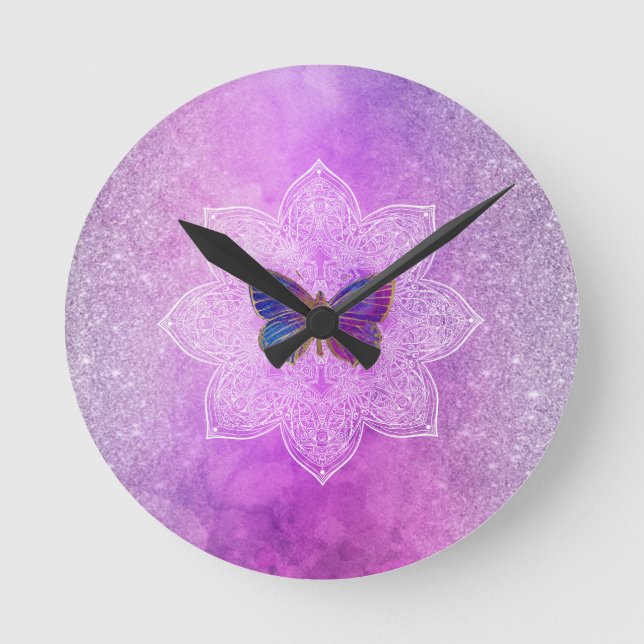 *~* Watercolor Yoga Butterfly Mandala Glitter Round Clock (Front)