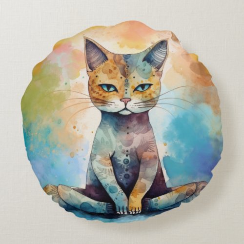 Watercolor Yoga Cat  Round Pillow