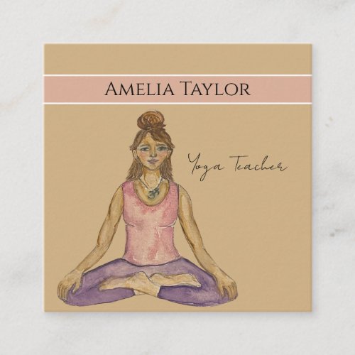 Watercolor Yoga Girl Teacher in Lotus Pose Square Business Card