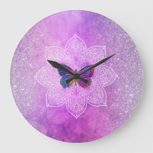  Watercolor Yoga Glitter Butterfly Mandala Large Clock