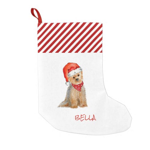 Watercolor Yorkie in a  Santa hat  Small Christmas Stocking