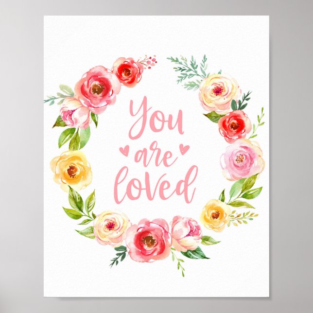 Watercolor You Are Loved Floral Nursery Art Print (Front)