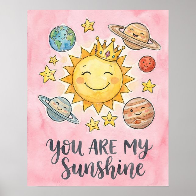 Watercolor "You Are My Sunshine" Cute Space Kids Poster (Front)