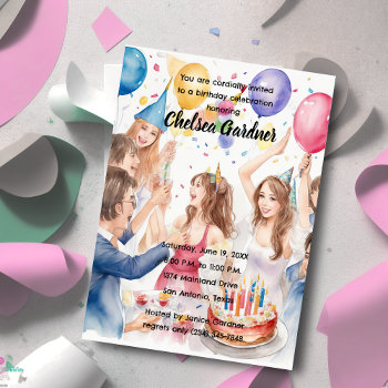 Watercolor Young People Celebrating Birthday Invitation by TailoredType at Zazzle