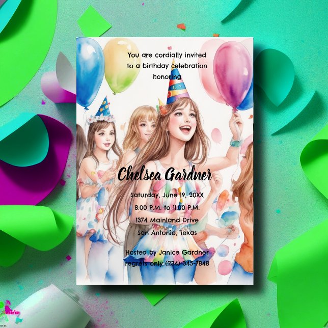 Watercolor Young People Celebrating Birthday Invitation (Creator Uploaded)